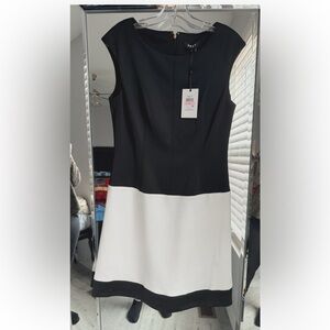DKNY Black and White Sleeveless Colorblock Midi Dress
